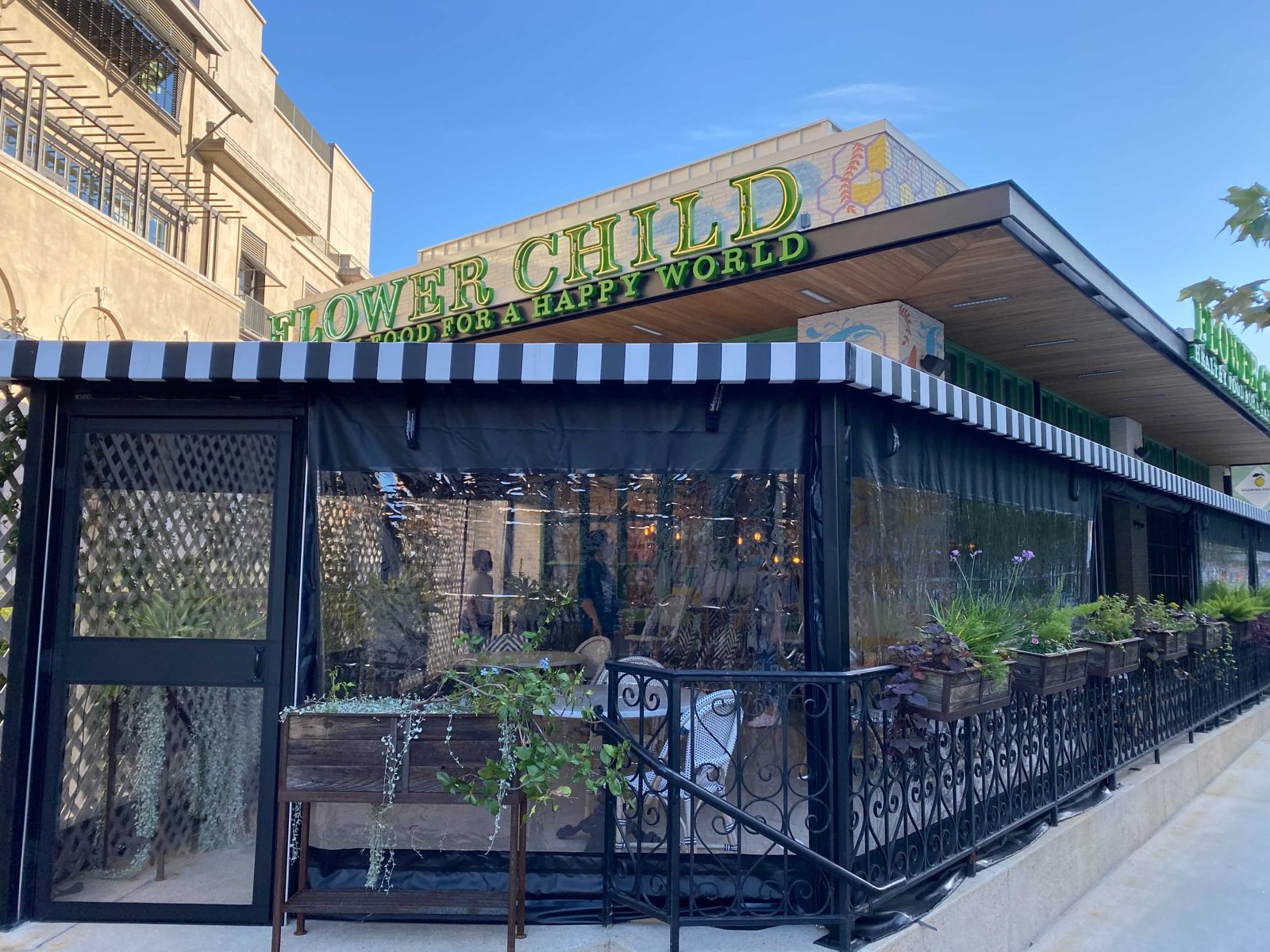 The Flower Child sign over the corner, the black door frame and clear panels behind the iron rail and planters