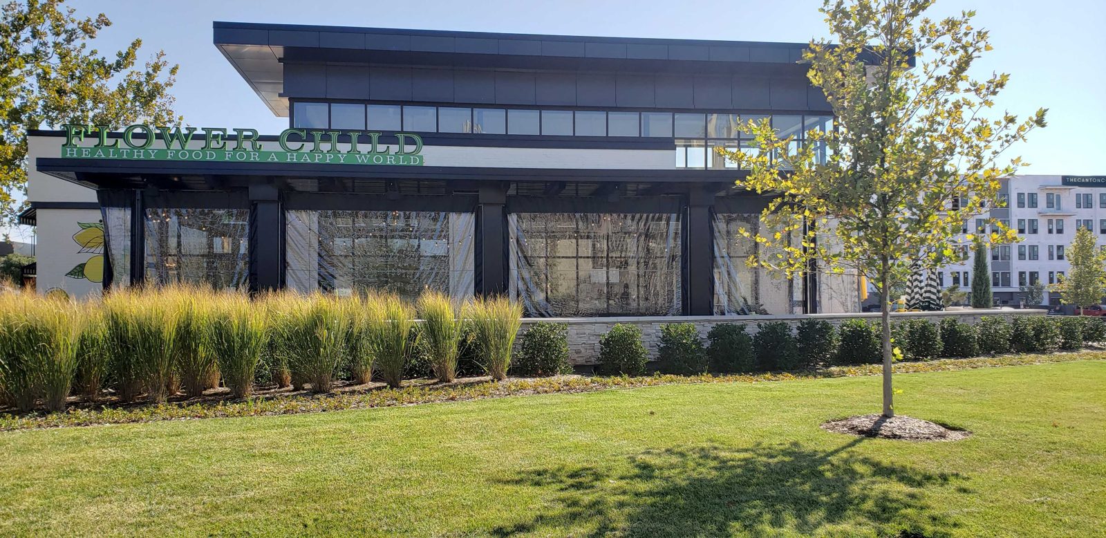Flower Child Oklahoma City: the patio closed in clear panels behind the grasses, the green sign on the white wall