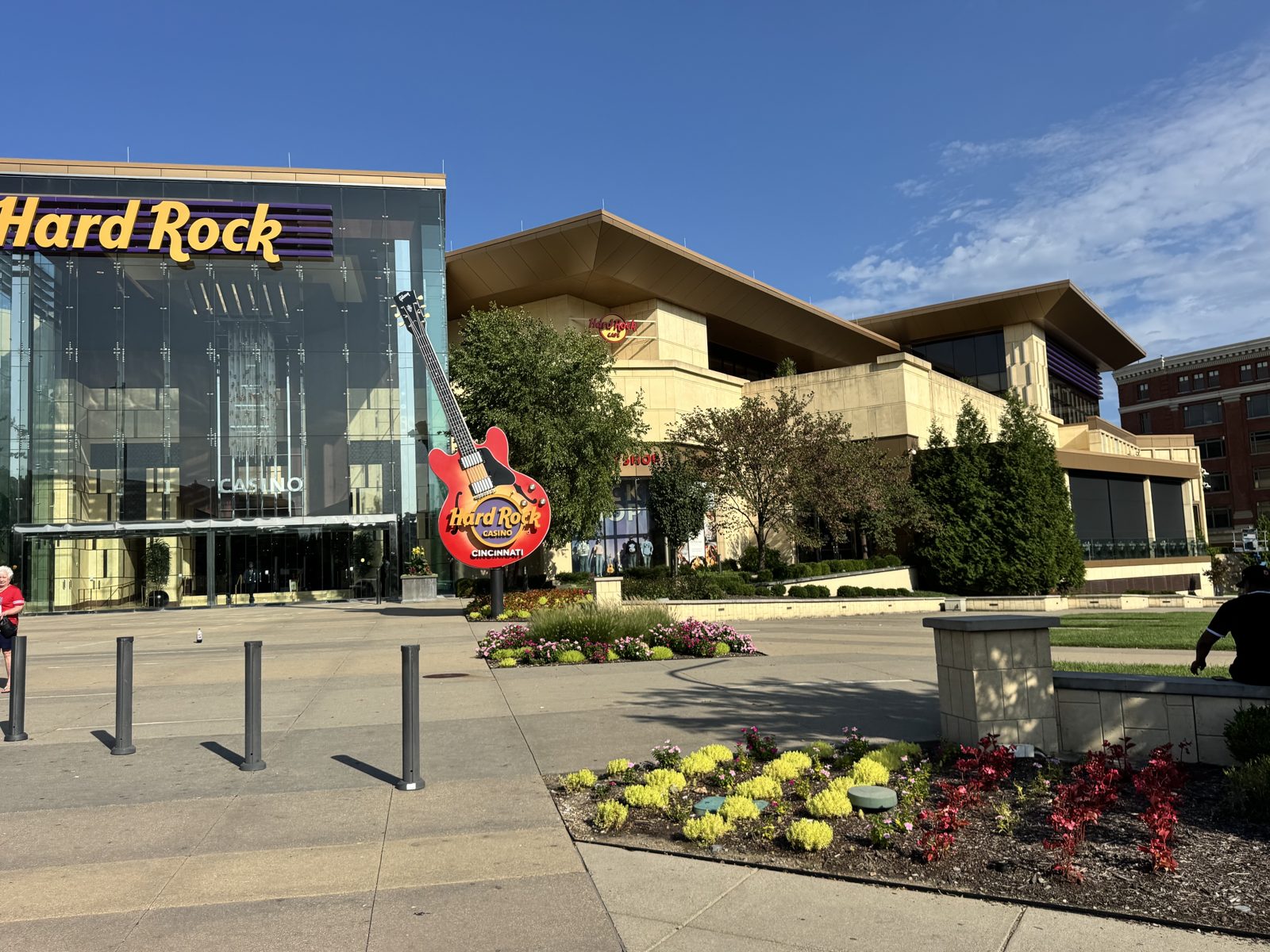 Hard Rock Casino Cincinnati from the plaza, the shaded patios along the right side