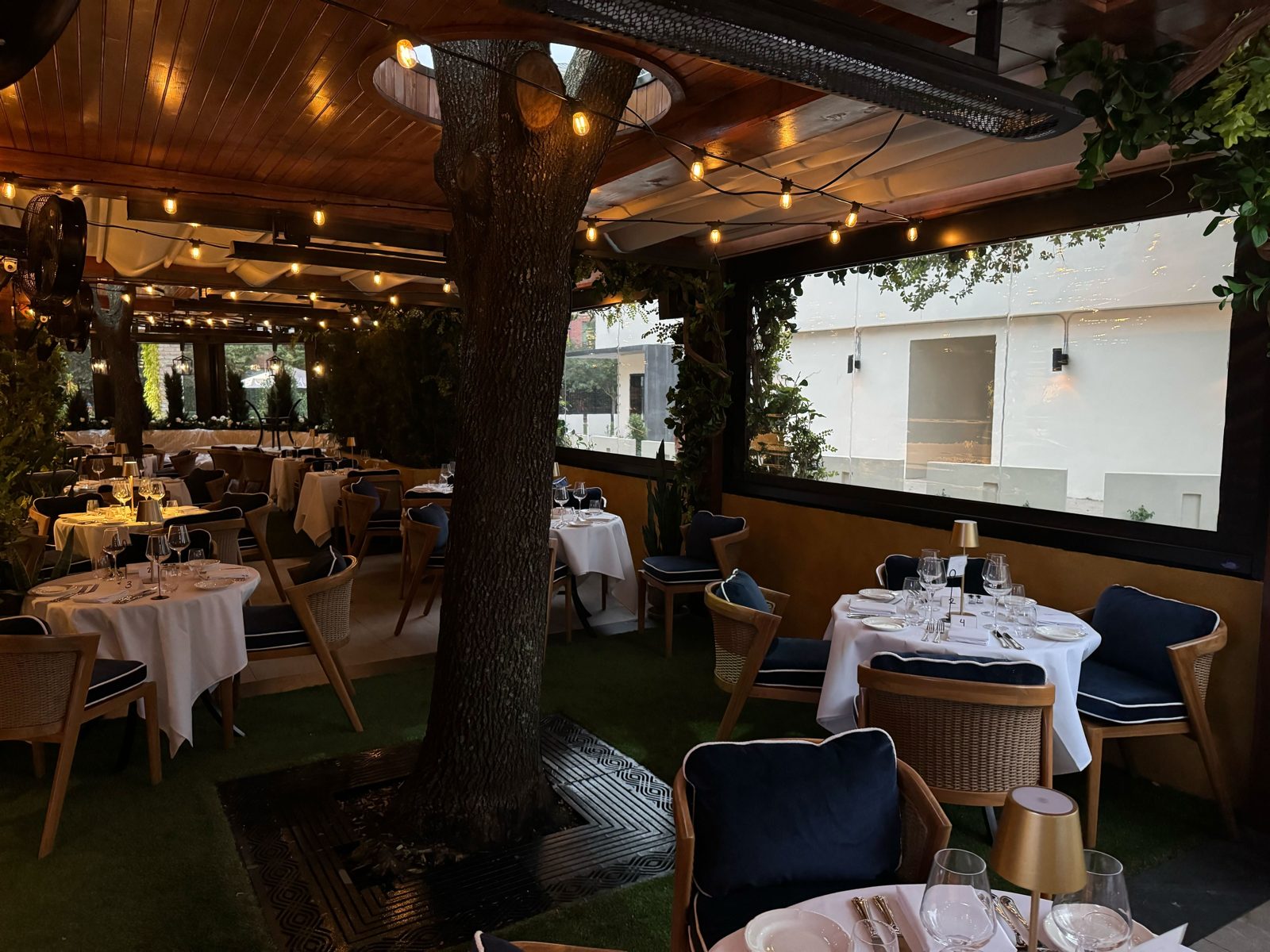 After: inside the patio with the oak through the ceiling, the tables set and the screen closed behind them