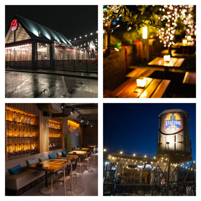 nightime outdoor restaurant patios lit up 